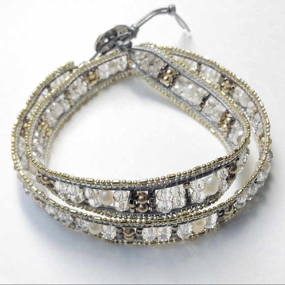 Layers of Luxury beaded wrap bracelet (silver, brass, leather, pearl & glass)